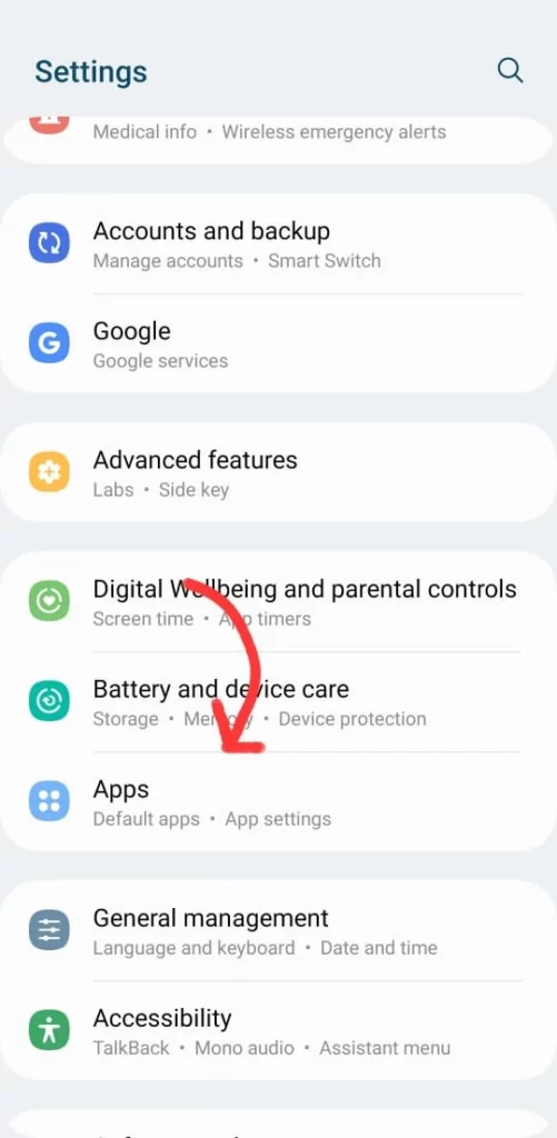apps highlighted from the mobile settings